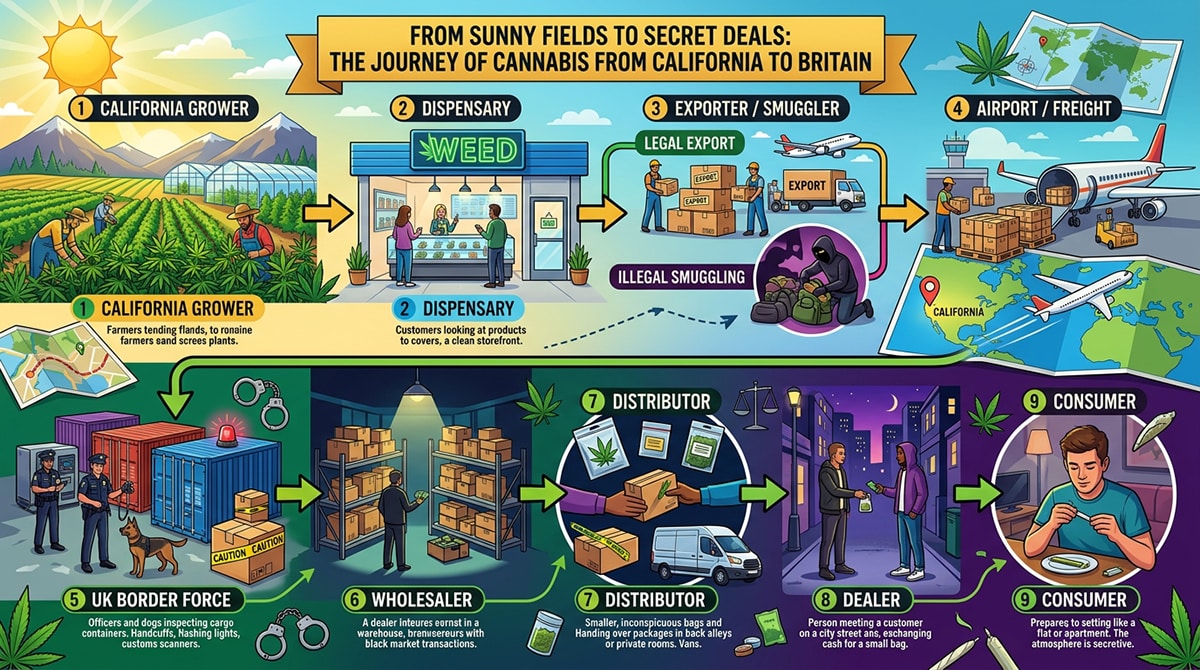 Order Cali Weed UK supply chain showing the journey from California cannabis growers through smuggling routes, UK wholesalers, dealers and consumers